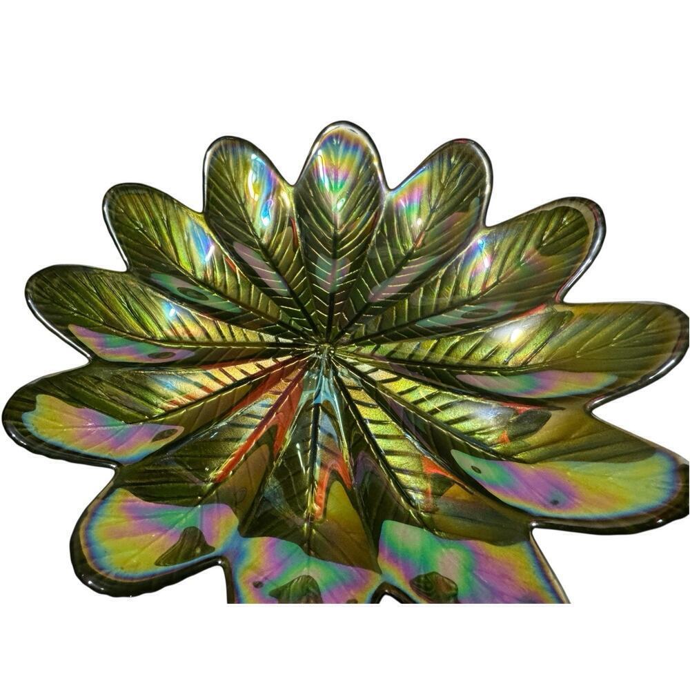 Carnival Glass Green Iridescent Leaf Salad Luncheon Plates Set Of 4 VINTAGE